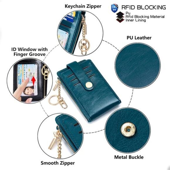 Slim Wallet for Women, 1-Oil Wax-Peacock blue - Picture 3 of 5